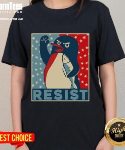 Top Penguin Resist protest graphic featuring penguins advocating against tariffs on a ladies tee shirt.