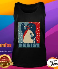 Alt Text: Top Penguin Resist: Penguins protesting against tariffs while wearing colorful tank tops at a rally.