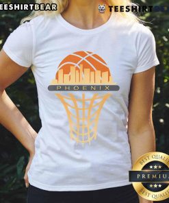 Purple sunset over Phoenix, Arizona, featured on a stylish ladies tee, perfect for sunset lovers and fashion enthusiasts.