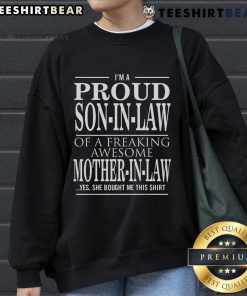 Top Proud Son-in-Law of a Freaking Awesome Mother-in-Law sweatshirt in gray with bold text design.