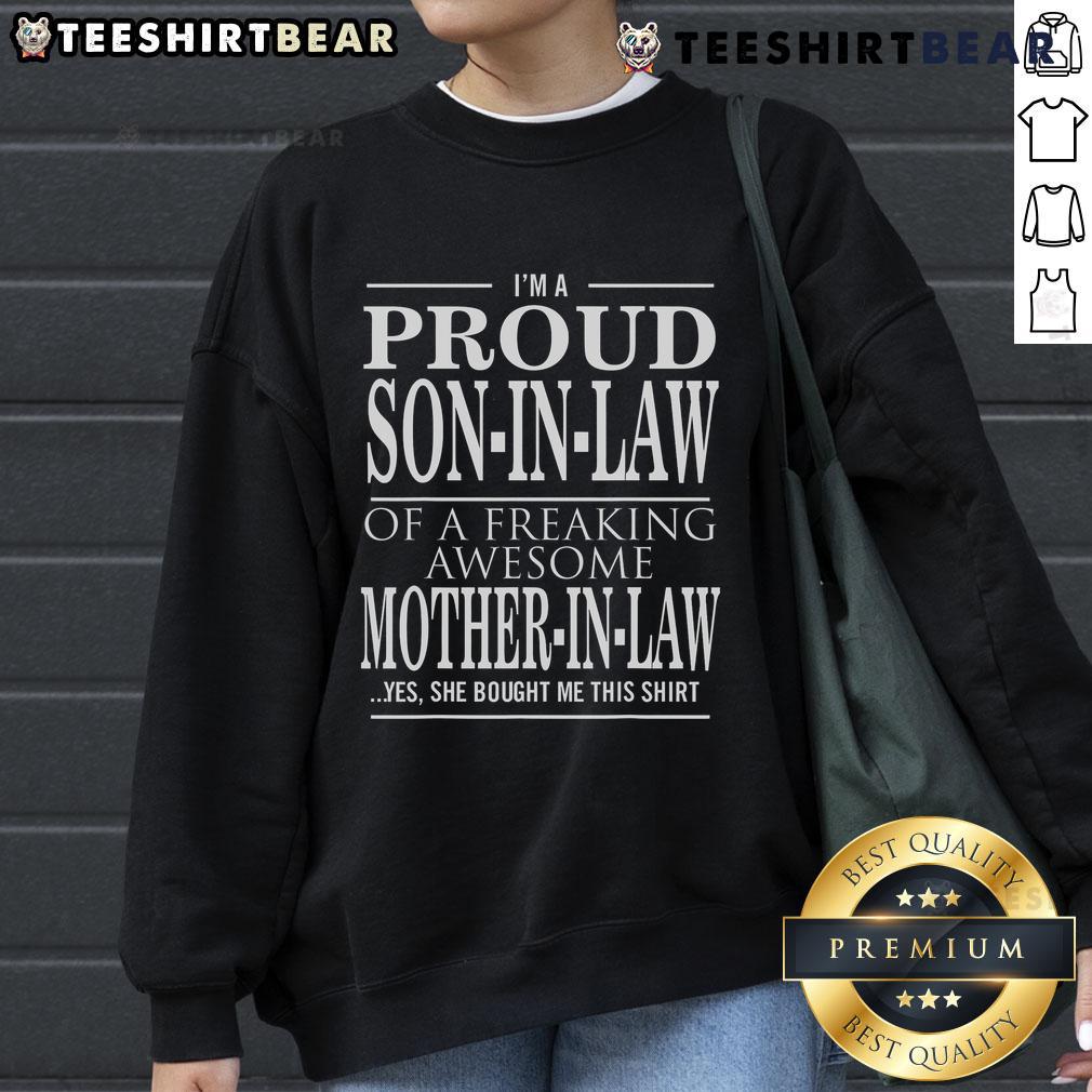 Top Proud Son In Law Of A Freaking Awesome Mother In Law Sweatshirt Top Proud Son-in-Law of a Freaking Awesome Mother-in-Law sweatshirt in gray with bold text design.