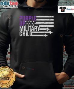 Alt Text: Top Purple Up Military Child Flag design on a cozy purple hoodie, perfect for honoring military families.
