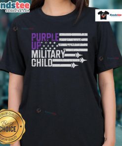 Top Purple Up Military Child Flag on a Purple Up Ladies Tee celebrating military kids' pride and support.