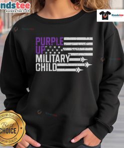 Alt Text: Top Purple Up Military Child Flag Purple Up Sweatshirt showcasing pride in military families with vibrant purple design.