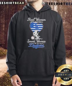 Smart women love the Dodgers: Snoopy hugging a heart on a cozy hoodie celebrating real women who love baseball.