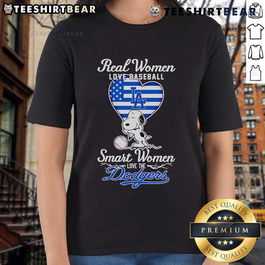 Top Real Women Love Baseball Smart Women Love The Dodgers Snoopy Hug Heart Ladies-Tee Top real women love baseball; smart women love the Dodgers. Snoopy hugs heart on this stylish ladies' tee.