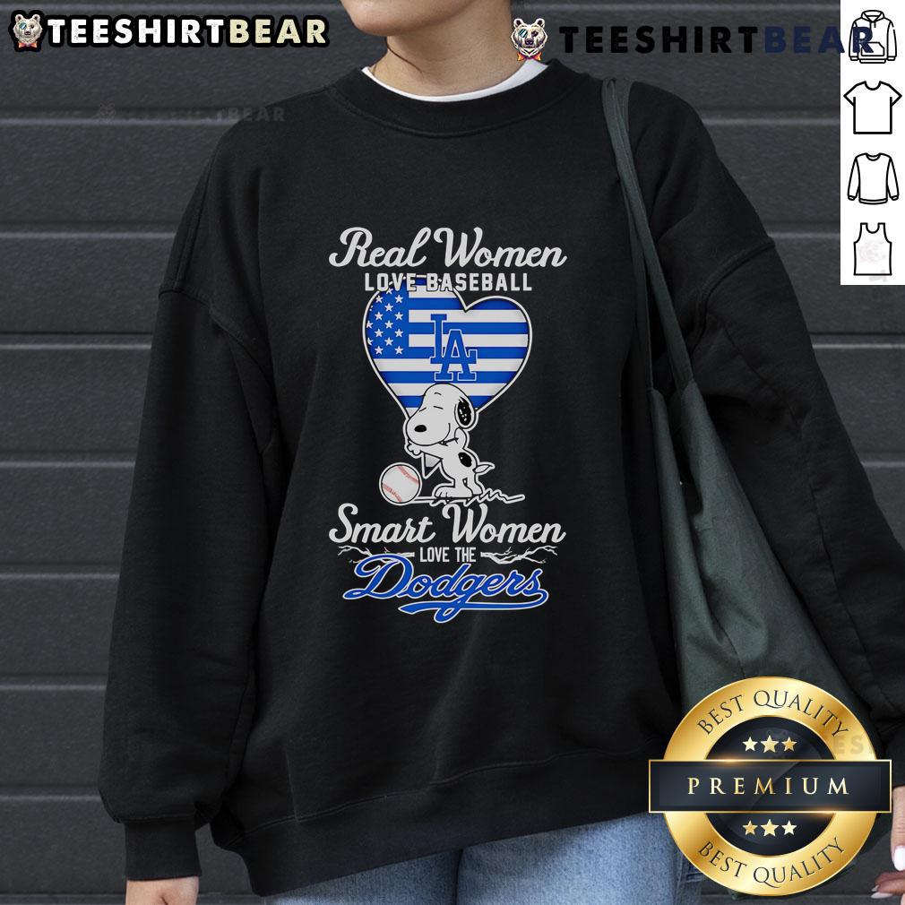 Top Real Women Love Baseball Smart Women Love The Dodgers Snoopy Hug Heart Sweatshirt Top real women love baseball: Smart women love the Dodgers sweatshirt featuring Snoopy hugging a heart.
