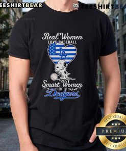 Top Real Women Love Baseball T-Shirt featuring Snoopy hugging a heart, celebrating Dodgers fandom and women's love for the game.