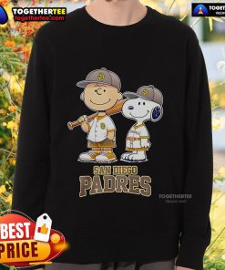 Top San Diego Padres Charlie Brown and Snoopy baseball cartoon fan sweatshirt featuring vibrant graphics and cozy design.