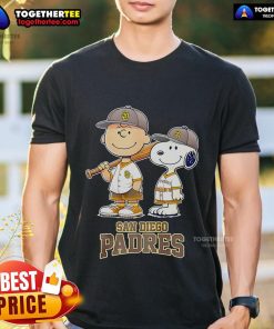 Alt Text: Top San Diego Padres Charlie Brown and Snoopy baseball cartoon fan T-shirt featuring vibrant graphics and team colors.