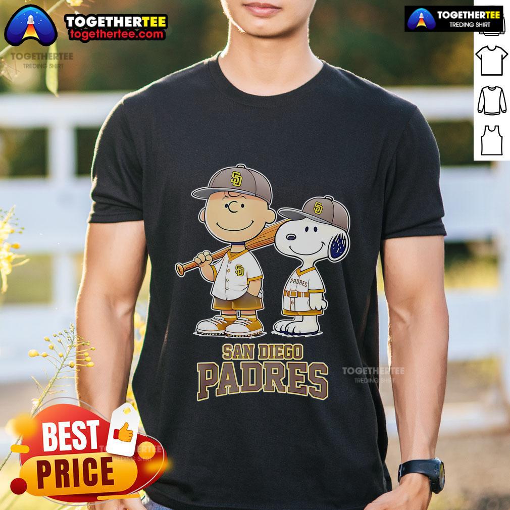 Top San Diego Padres Charlie Brown And Snoopy Baseball Cartoon Fan T Shirt Alt Text: Top San Diego Padres Charlie Brown and Snoopy baseball cartoon fan T-shirt featuring vibrant graphics and team colors.