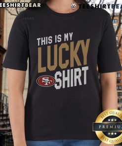 Alt Text: Top San Francisco 49ers This Is My Lucky Ladies Tee in red, perfect for female fans showcasing team spirit.