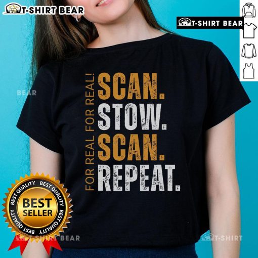 Alt Text: Top Scan Stow Scan Repeat Warehouse Worker Ladies Tee featuring a stylish design for female warehouse staff.