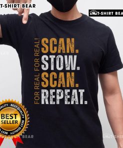 Top Scan Stow Scan Repeat Warehouse Worker T-Shirt featuring a catchy slogan for logistics and warehouse professionals.