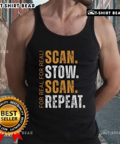 Warehouse worker wearing 'Top Scan Stow Scan Repeat' tank top, showcasing efficient logistics and inventory management.
