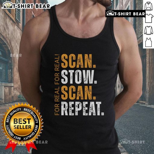 Warehouse worker wearing 'Top Scan Stow Scan Repeat' tank top, showcasing efficient logistics and inventory management.
