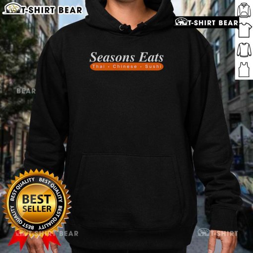 Cozy hoodie featuring 'Top Seasons Eats' design with Thai, Chinese, and sushi graphics, perfect for food lovers.