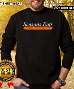 Cozy sweatshirt featuring Top Seasons Eats design with Thai, Chinese, and sushi motifs, perfect for food lovers.