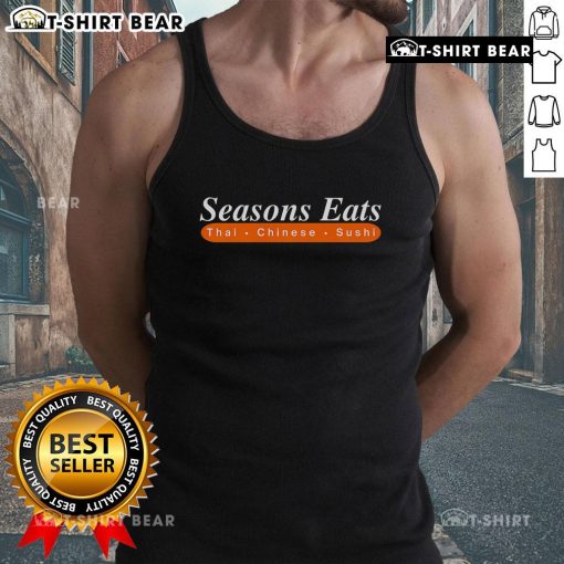Alt Text: Top Seasons Eats Thai Chinese Sushi tank top featuring vibrant food graphics and stylish design for culinary enthusiasts.