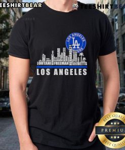Alt Text: Los Angeles Dodgers T-Shirt featuring skyline design and player names, perfect for baseball fans and team supporters.