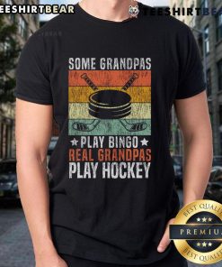 Funny 'Real Grandpas Play Hockey' T-Shirt showcasing a humorous take on grandpas playing bingo vs. hockey.