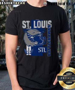 Alt Text: Top St Louis Battlehawks Helmet Frame T-Shirt showcasing team pride with a stylish design for fans.