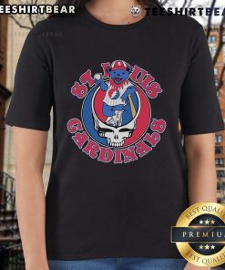 Top St. Louis Cardinals x Grateful Dead Bear Skull ladies tee featuring colorful graphics and stylish design.