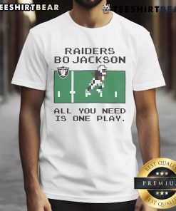 Top Tecmo Bowl Raiders Bo Jackson t-shirt featuring 'All You Need Is One Play' design for retro gaming fans.