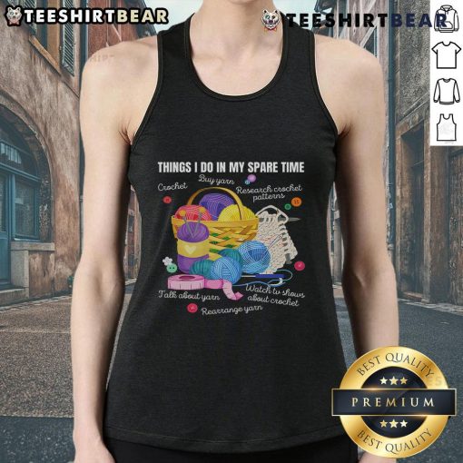 Crochet lovers arts and crafts tank top featuring colorful yarn and crochet hooks, perfect for creative hobbies.