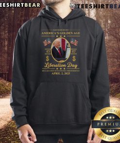Top Trump hoodie featuring 'Reading Tariffs Liberation Day' design, celebrating fair trade in a vibrant golden age style.