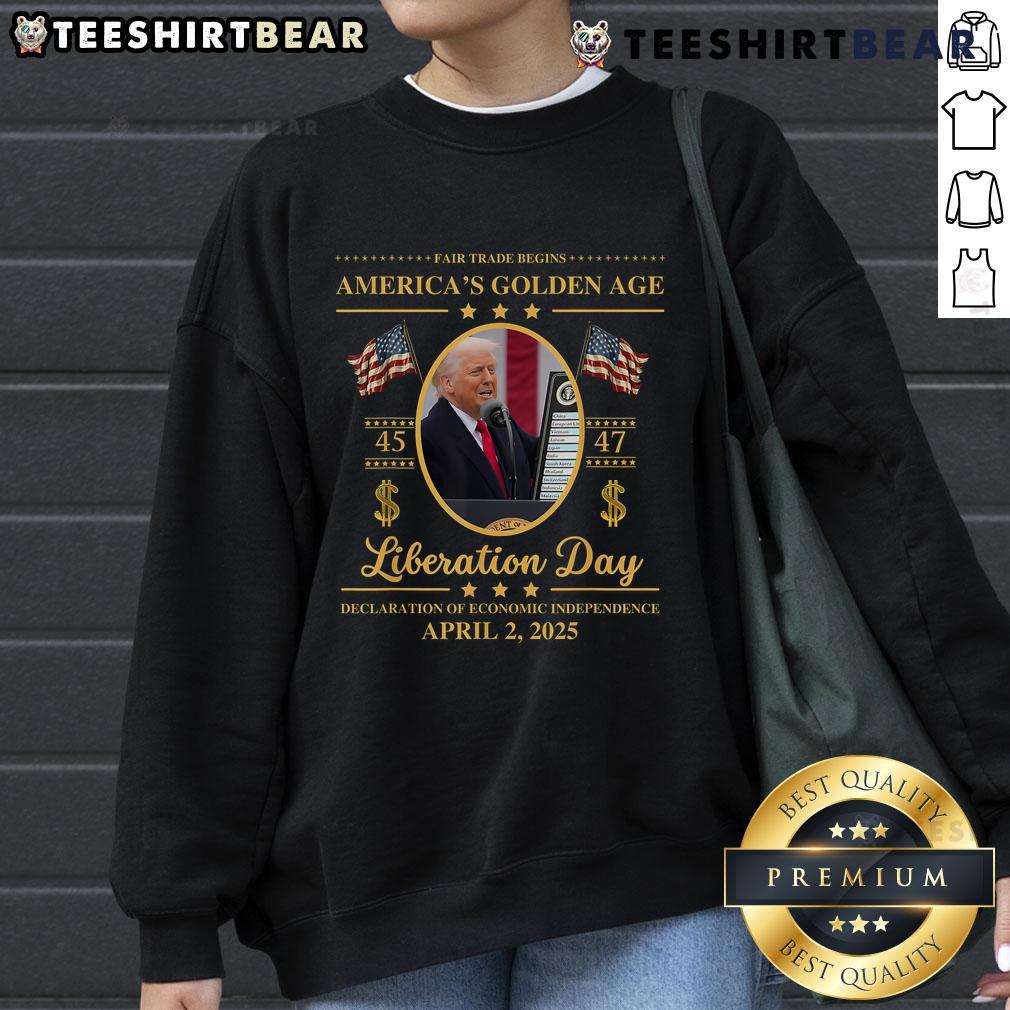Top Trump Reading Tariffs Liberation Day Golden Age Fair Trade Sweatshirt Alt Text: Top Trump reading tariffs on a 'Liberation Day' sweatshirt, celebrating fair trade in a golden age of commerce.