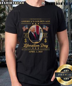 Alt Text: Top Trump Reading Tariffs Liberation Day Golden Age Fair Trade T-Shirt design featuring vibrant graphics and text.