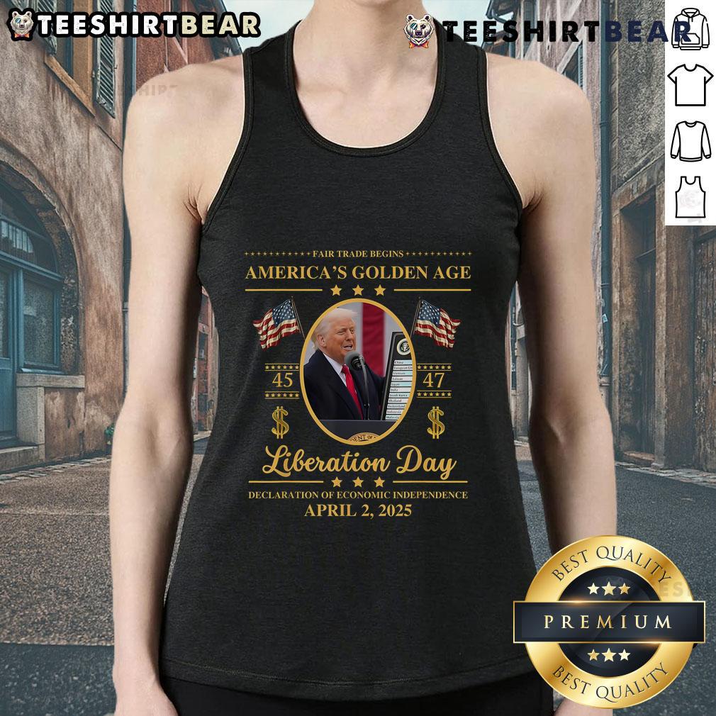 Top Trump Reading Tariffs Liberation Day Golden Age Fair Trade Tank Top Top Trump reading tariffs on Liberation Day, wearing a Golden Age Fair Trade tank top, promoting ethical fashion.