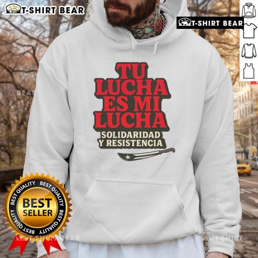 Top Tu Lucha Es Mi Lucha hoodie displayed on a hanger, showcasing vibrant colors and bold graphic design for wrestling fans.