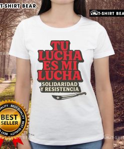 Top Tu Lucha Es Mi Lucha ladies tee featuring vibrant design and bold text, perfect for empowering women in wrestling.
