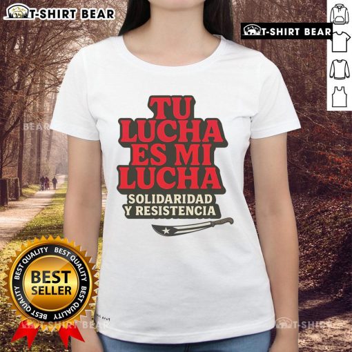 Top Tu Lucha Es Mi Lucha ladies tee featuring vibrant design and bold text, perfect for empowering women in wrestling.