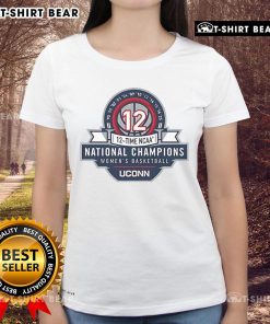 UConn Huskies Women's Basketball 12x NCAA National Champions logo on a stylish ladies tee shirt for fans.