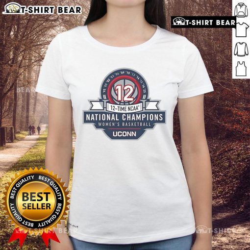 UConn Huskies Women's Basketball 12x NCAA National Champions logo on a stylish ladies tee shirt for fans.