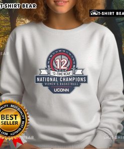 Top UConn Huskies Women's Basketball 12x NCAA National Champions logo sweatshirt featuring team colors and design.