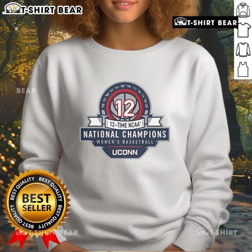 Top UConn Huskies Women's Basketball 12x NCAA National Champions logo sweatshirt featuring team colors and design.