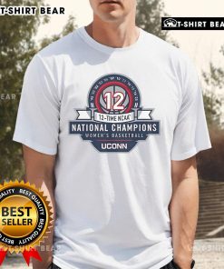 Alt Text: UConn Huskies Women's Basketball 12X NCAA National Champions logo T-shirt, celebrating their prestigious title wins.