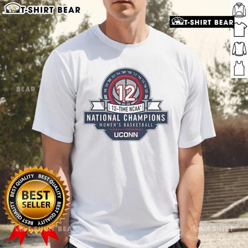 Alt Text: UConn Huskies Women's Basketball 12X NCAA National Champions logo T-shirt, celebrating their prestigious title wins.