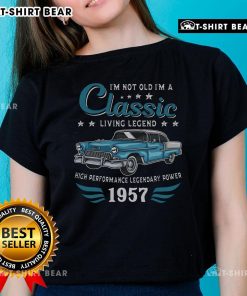 Vintage 1957 classic car graphic on a ladies tee, perfect for legends born in 1957. Stylish and nostalgic design.