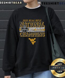 Top West Virginia Mountaineers 2025 NCAA Rifle National Champions sweatshirt featuring team logo and championship graphics.