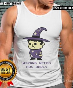 Top Wizard Needs Hugs Badly tank top featuring a whimsical design, perfect for casual wear and magical enthusiasts.