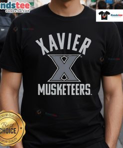 Alt Text: Top Xavier University Musketeers logo T-shirt featuring vibrant colors and a classic design for fans and supporters.