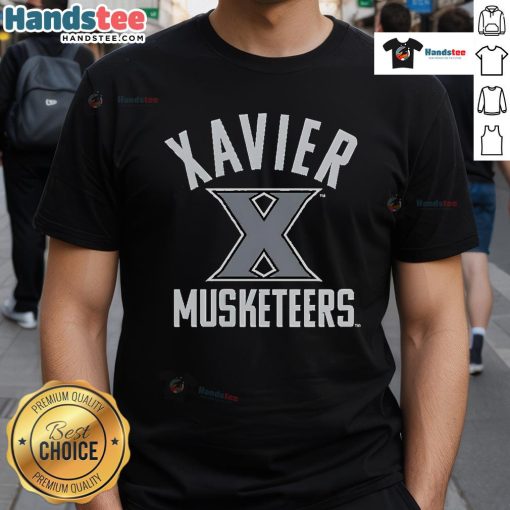 Alt Text: Top Xavier University Musketeers logo T-shirt featuring vibrant colors and a classic design for fans and supporters.