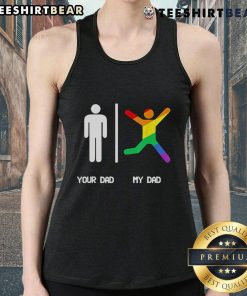 Colorful Pride flag tank top featuring 'Top Your Dad And My Dad' design, perfect for LGBTQ+ celebrations and summer wear.