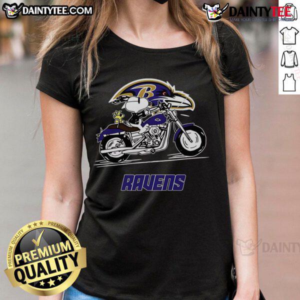 Happy Snoopy And Woodstock Driving Motorbike Baltimore Ravens Ladies-Tee