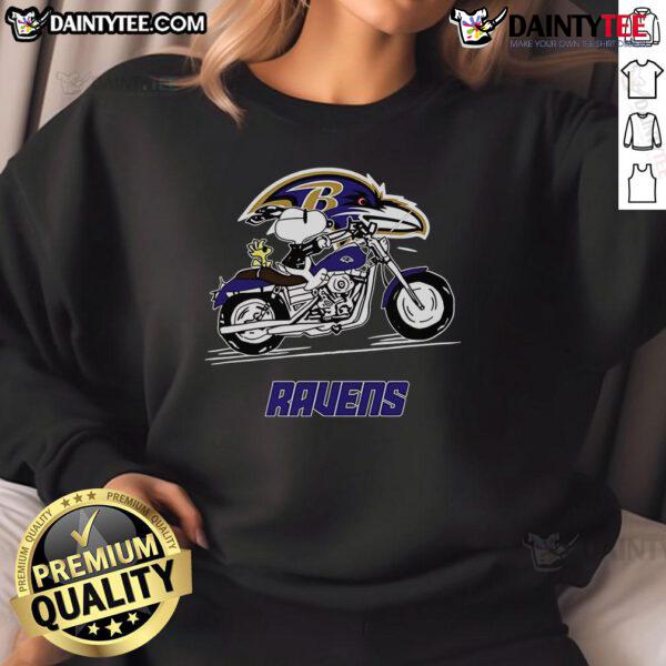 Happy Snoopy And Woodstock Driving Motorbike Baltimore Ravens Sweatshirt